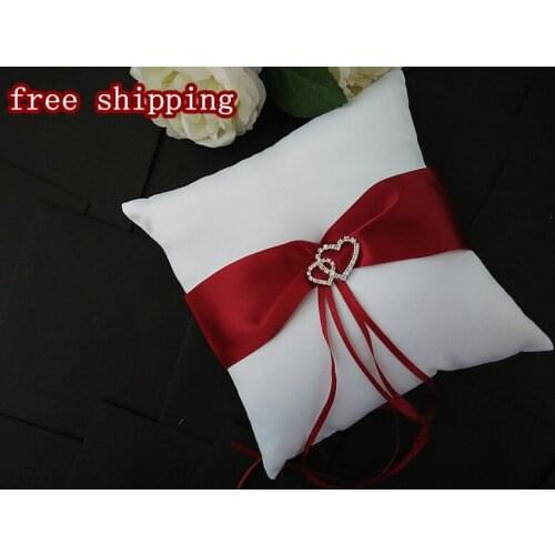 Free shipping double diamond heart wedding ring pillow decorated with red ribbon wedding gifts favors