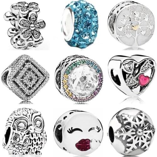 Simple Style Crystal Arrow Lips Alarm Clock Doll Snowflake Flower Heart Bead Fit Original Pandora Charms for Women DIY Jewelry