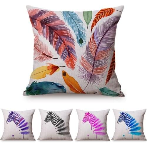 Colorful Feather Sofa Throw Pillows Pink Blue Violet Black Zebra Africa Prairie Animal Watercolor Home Decorative Cushion Cover