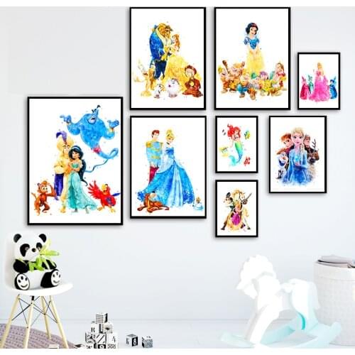 Disney Cartoon Characters Watercolor Princess Print Wall Art Poster and Prints Canvas Painting for Kids Room Decor Unframed