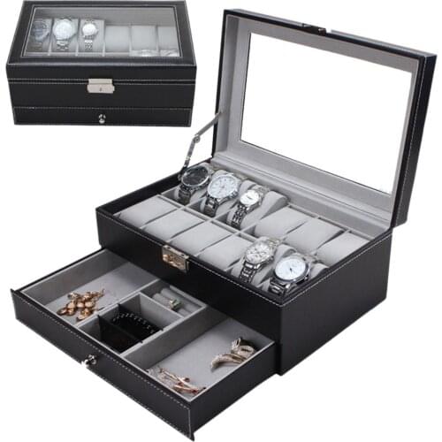 New 12 Grids Slots Double Layers PU Leather Watch Storage Box Professional Watch Case Rings Bracelet Organizer Box Holder