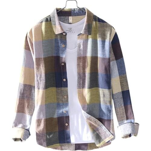 Cotton Linen Plaid Shirts for Men Long Sleeve Casual Daily Tops Male Turn-down Collar Fashion Vintage Clothing Trends