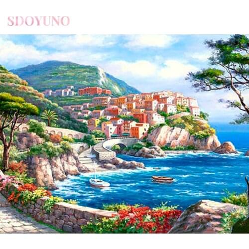 SDOYUNO DIY painting by numbers kits with frame for adults oil Mediterranean seascape Home Decor Gift Canvas Drawing HandPainted