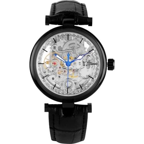 Classic Black Round Case Automatic Mechanical Watch for Men Special Hollow-out Dial Mechanic Watch