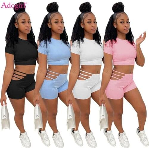 Adogirl Women Solid 2 Piece Set Casual Tracksuit Short Sleeve Crop Top T Shirt Hollow Out Skinny Shorts Drop Ship Wholesale Suit