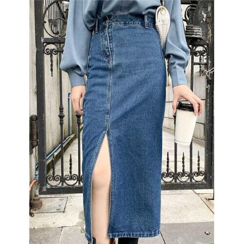 Summer Retro High-waist Denim Split Long Dress Female Mid-length Thinner Hip Skirt