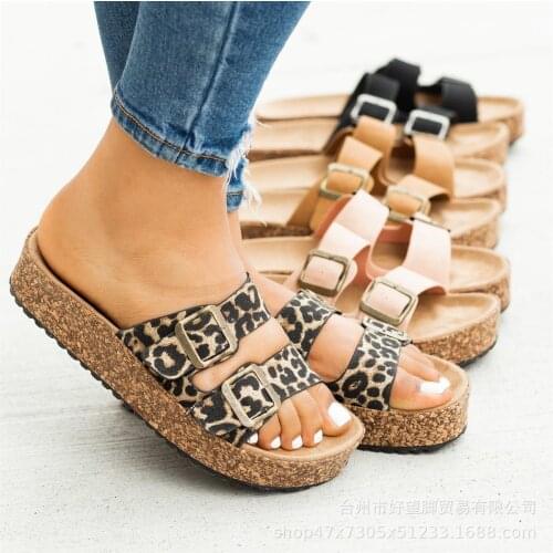 Summer 2021 new large size foreign trade womens shoes European and American leopard print square buckle flat foot pedal beach s