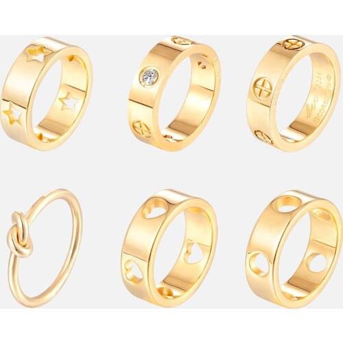 Fashion Classic Stainless Steel Rings CZ Crystal Hollow Pentagram Love Ring For Women Men Gold Color Lovers Brand Jewelry