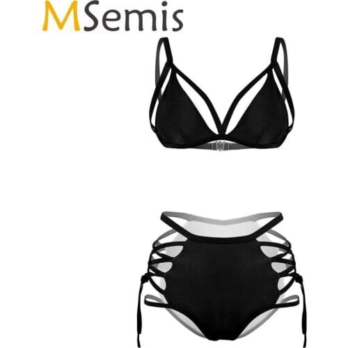 MSemis Women Sexy Harness Lingerie Bikini Swimsuit Swimwear Set Padded Push Up Bra Top with High Waist Lace Up Bikini Bottoms