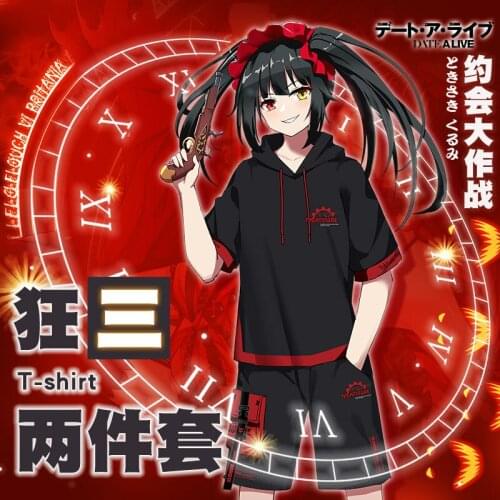2021 New Anime Date A Live Tokisaki Kurumi Cosplay T-shirt Black Short Sleeve Hooded Shirt Top Unisex Pants Shorts