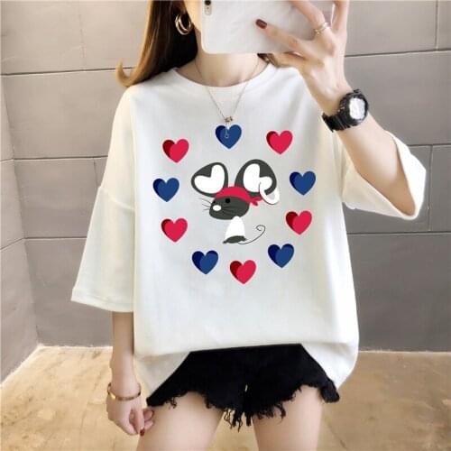 QRWR New 2021 Summer T Shirt Korean Fashion O Neck Casual Cartoon Print Womens Top Loose Cute T Shirts With Short Sleeves