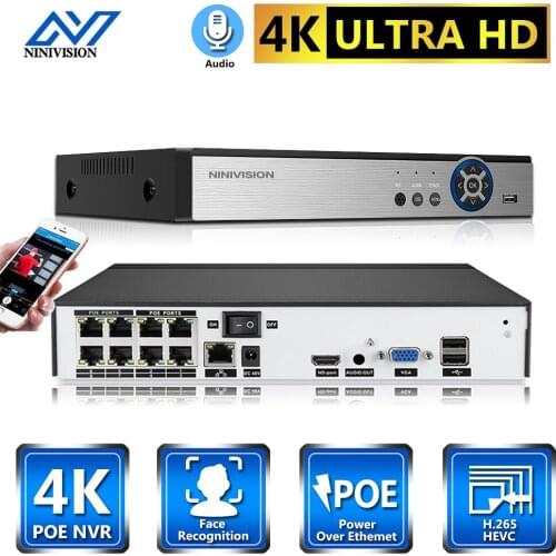 NINIVISION 8CH 4K POE NVR with 8 Port CCTV Network Video Recorder Support Face Detection H.265 for IP Camera Security System