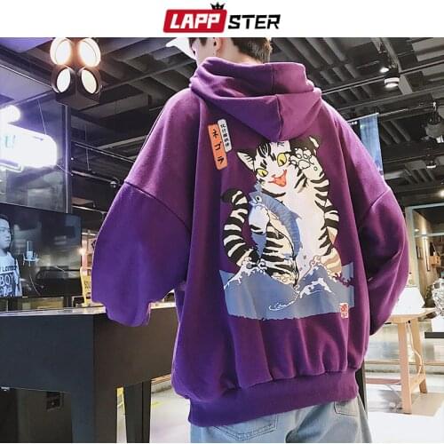 LAPPSTER Men Streetwear Casual Cat Hooded Hoodies 2021 Mens Hip Hop Harajuku Sweatshirts Male Korean Fashions Black Hoodie INS