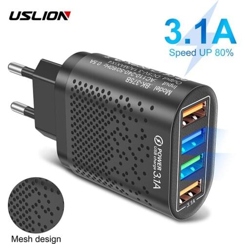 USLION 48W USB Charger Fast Charge QC 3.0 Wall Charging For iPhone 12 11 Samsung Xiaomi Mobile 4 Ports EU US Plug Adapter Travel