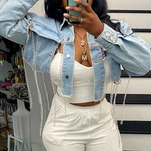 Womens Asymmetric Short Jacket Top Long Sleeve Halter Chain Jacket Summer 2021 Streetwear Light Blue Ripped Denim Jacket