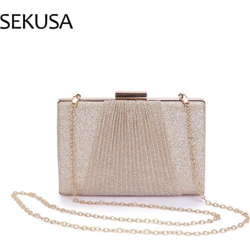 New Design Ruched Women Evening Bags Sequined Chain Shoulder Handbags Black Color Metal Luxury Female Purse