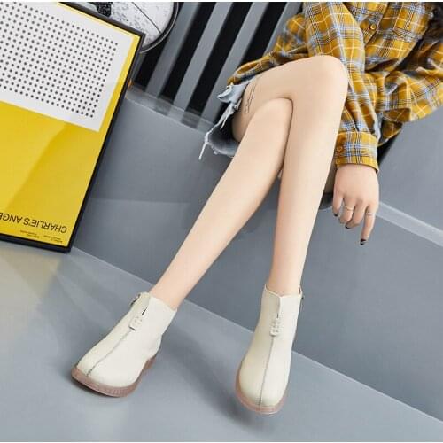 Women Boots Short Low Heels Zapatos De Mujer Ankle Winter Ladies Shoes Round Toe Zip Genuine Leather Casual Off White