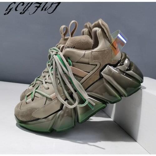 Women Sneakers Lace-Up Mixed Colors Leather Crystal Jelly Thick Bottom Zapatillas Mujer Round Toe Cool Flat Platform Women Shoes