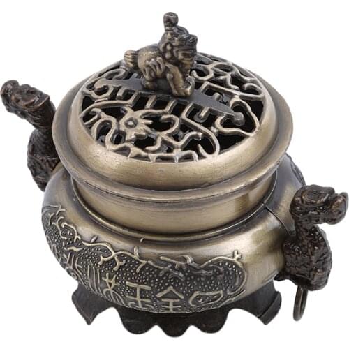 1Pc Chinese Style Antique Alloy With Lid Aroma Stove Double Dragon Incense Burner Buddhist Religious Home Incense Stove Supplies