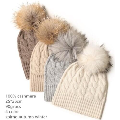 Naizaiga 100% Cashmere Fox fur ball decoration knitted cashmere hat women warm hat ,SN271