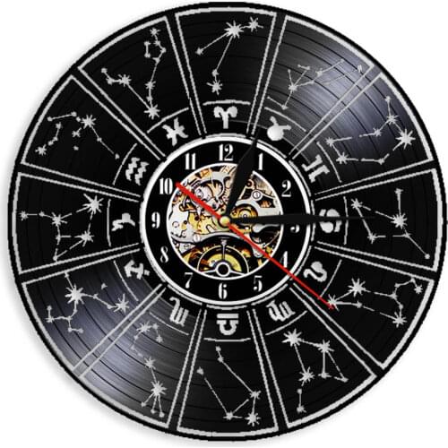 12 Symbol Decorative Wall Clock Zodiac Sign Vinyl Record Wall Clock Astrology Stars 3D Wall Watch Decor Handmade Gift