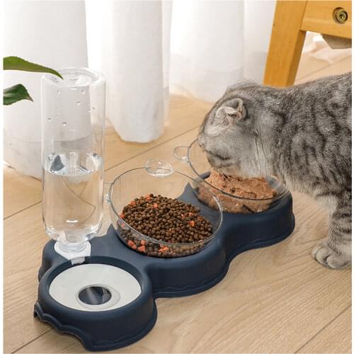 Cat double bowl, moisture-proof mouth, dual-use, three-bowl automatic feeder, automatic drinking basin, anti-overturning pet dog