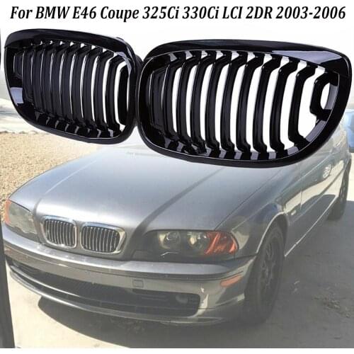 High Quality Car Kidney Grill Front Bumper 2 Slat Line Gloss Black Racing Grill for BMW E46 Coupe 325Ci 330Ci LCI 2DR 2003-2006