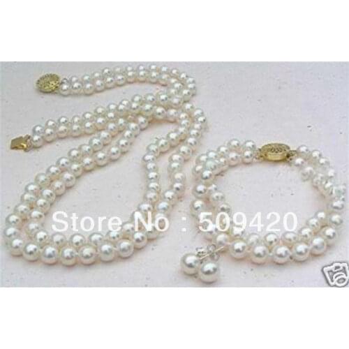 Free Shipping>>>2 Rows White 8mm Akoya sea shell Pearl Necklace Bracelet Earring Set