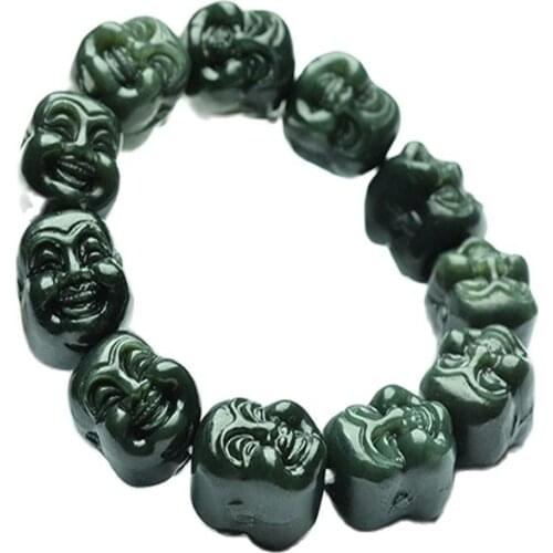 Chinese Hand Carved jade Buddha head Bead Natural Hetian jade Bracelet