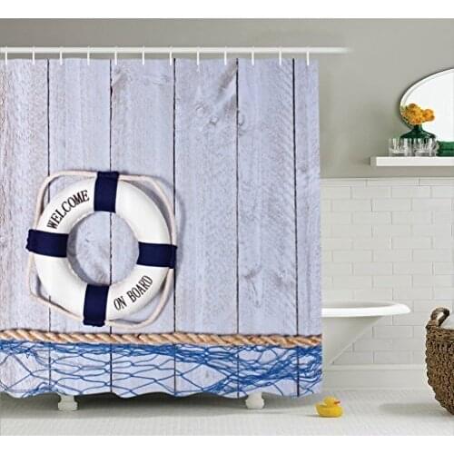 Buoy Decor Shower Curtain Welcome On Board Greeting Message Holiday Seaman Sailing Marine Theme Wall Decoration Hanging Curtains