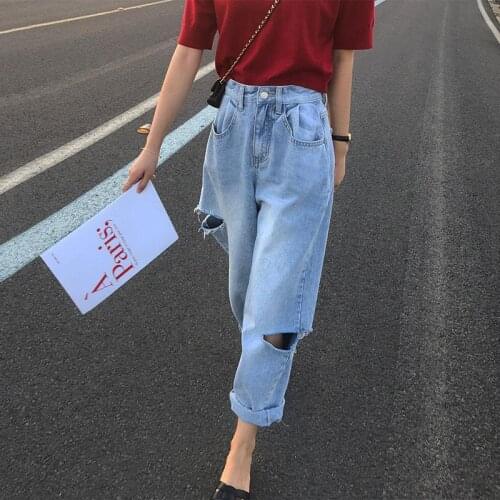 Korean Ripped Jeans Denim Harem Pants Women High Waist Pantalones Anchos Wide Plus Size Pants Loose Distressed Boyfriend Jeans