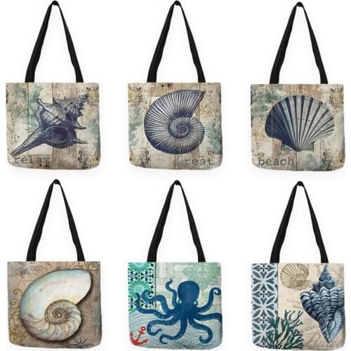 B13059 Eco Shopping Bag Retro Marine Life Seahorse Shell Print Shoulder Bag for Women Lady