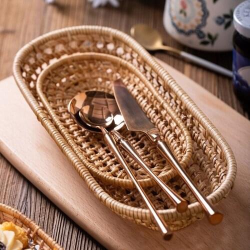 Hot Sale 2Pcs Handmade Woven Oval Rattan Fruit Basket Bread Tray Wicker Food Tray Serving Basket Weaving Storage Holder