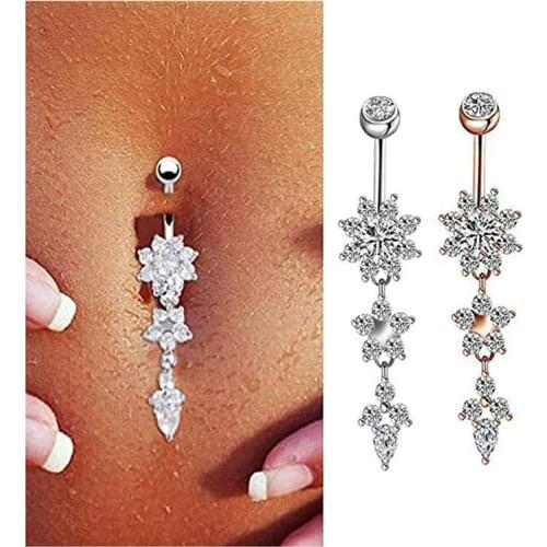 Bow Shaped Navel Ring Goldrose Gold Flower Crystal Surgical Steel Dangle BELLY Button Navel bars Ring Body Piercing Jewel