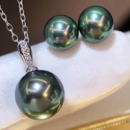 D727 Pearl Set Fine Jewelry Solid 18K Gold Round 7-10mm Nature Fresh Water Peacock Green Black Pearls Jewelry Sets for Women