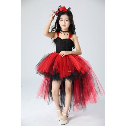Red and Black Halloween Role-playing Cosplay Girls Tutu Dresses with Train Knee Length Girls Pageant Dresses for Party Clothes
