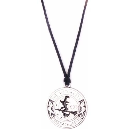 WITCH pendant magic amulet Salem witch 1692 moon cat broom wax rope necklace