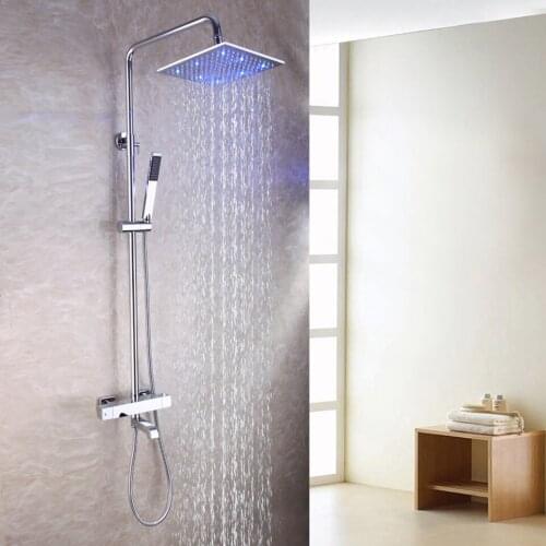 10 Inch Square Temperature Sensitive LED Shower Mixer Head Exposed Bath Thermostatic Shower Faucet Set