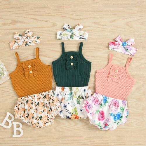 Newborn Infant Baby Girl Clothes Sleeveless Solid Color Bodysuit Floral Printed Short Set Summer Outfit 3Pcs