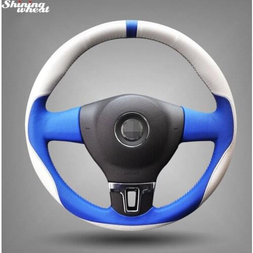 Hand-stitched White Blue Leather Car Steering Wheel Cover for Volkswagen VW Tiguan Lavida Passat B7 Jetta Mk6
