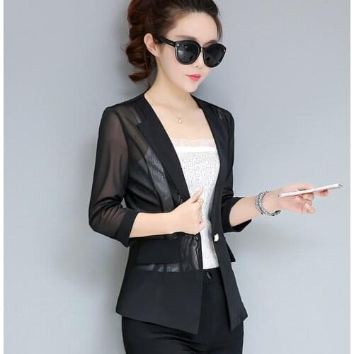 Spring Summer Women Fashion Solid Color Perspective Blazer Turn-down Collar 3/4 Sleeve Slim Short Sun Protection Jacket X269