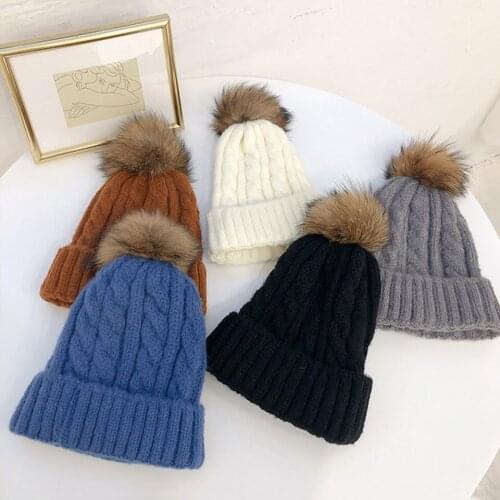 Baby Boy Girl 's Hat Knitted Beanies Cap Winter Hat With Mink Fur Ball PomPoms Kids Skullies Parent-child Thick Knitted Hat