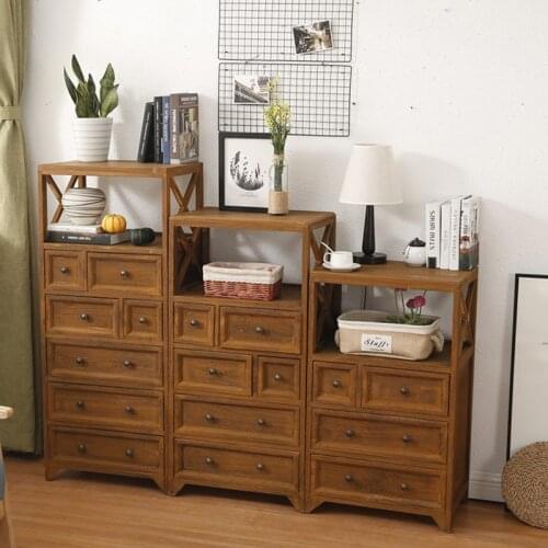 Solid wood retro storage cabinet nordic drawer type bedroom bedside storage cabinet multi-layer shelf drawer