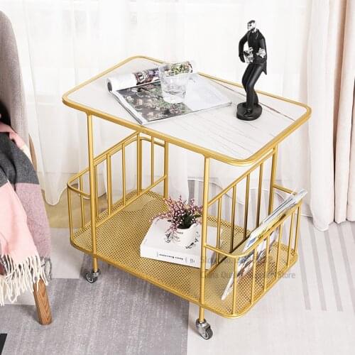 Modern Minimalist Golden Iron Shelf with Wheels Sintered Stone table Movable Mini Coffee Table Trolley Living Room Storage Rack