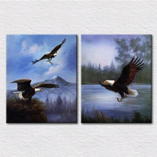 Modern decor animals picture Eagle and Eagle catch a fish picture printed 2pcs set canvas art for living room sofa wall decor