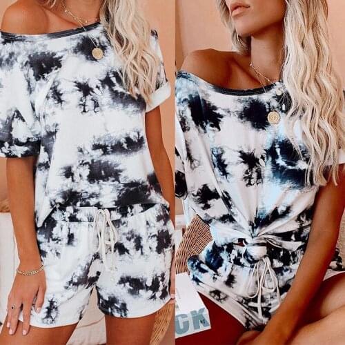 Spot New Popular European and American Womens Tie Dyed Round Neck Short Sleeve Home Suit Om9294 Short