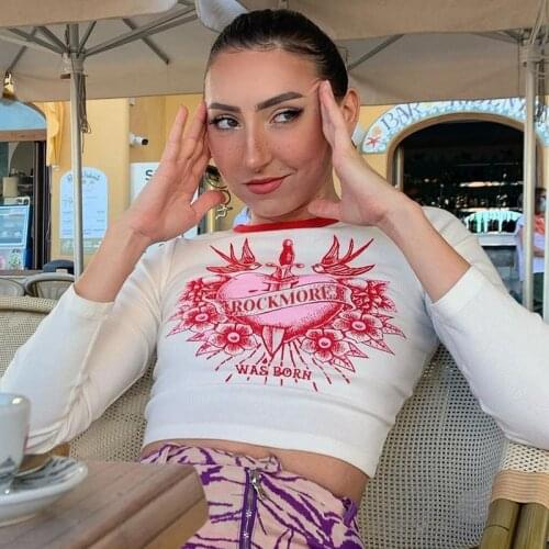 Estética manga longa t camisa o pescoço pullovers retro bonito tshirt feminino outono inverno harajuku impresso colheita topo