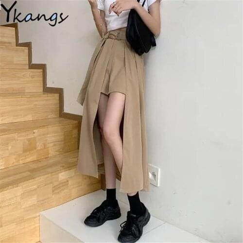 Summer Solid Belted Split Hem Cargo Skirts 2021 Women High Waist Wild Flared Asymmetrical Office Lady A-LINE Skirt Streetwear