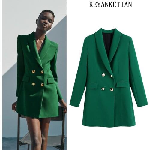 KEYANKETIAN Za Ladies 2021 fashion spring and autumn long double-breasted blazer chic green office jacket ladies elegant jacket