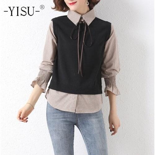 YISU New College style Women Spring Sweater Jumper Lapel Spring tops Long sleeves Fake two-piece Female Casual Knitted pullover